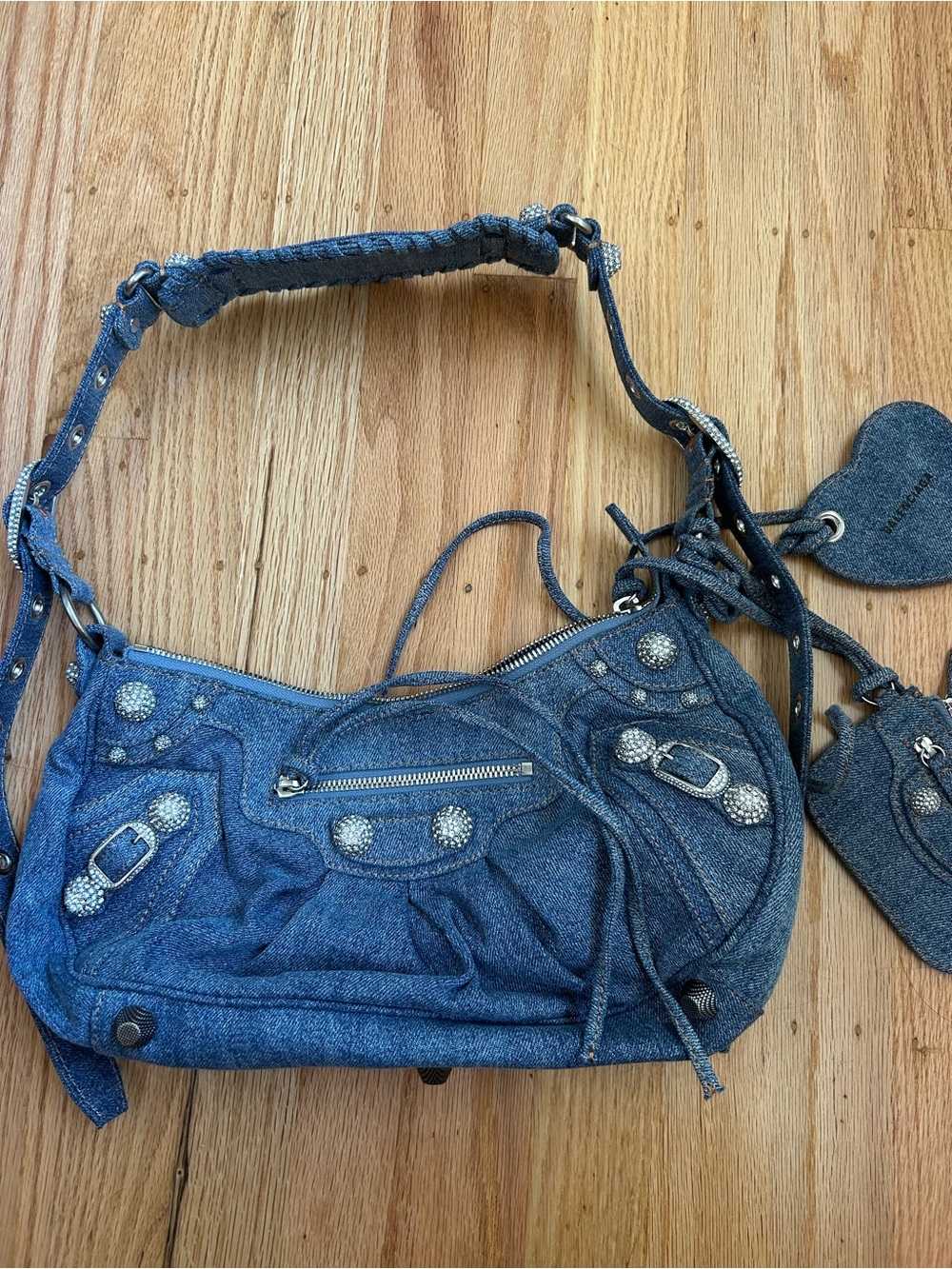 Balenciaga Denim Shoulder Bag with Crystal Studs - Blue